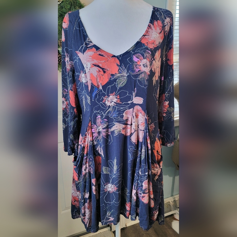 Free People All Eyes on You Floral Mini Dress Tunic Womens 2 Navy Pink Flowy Boh